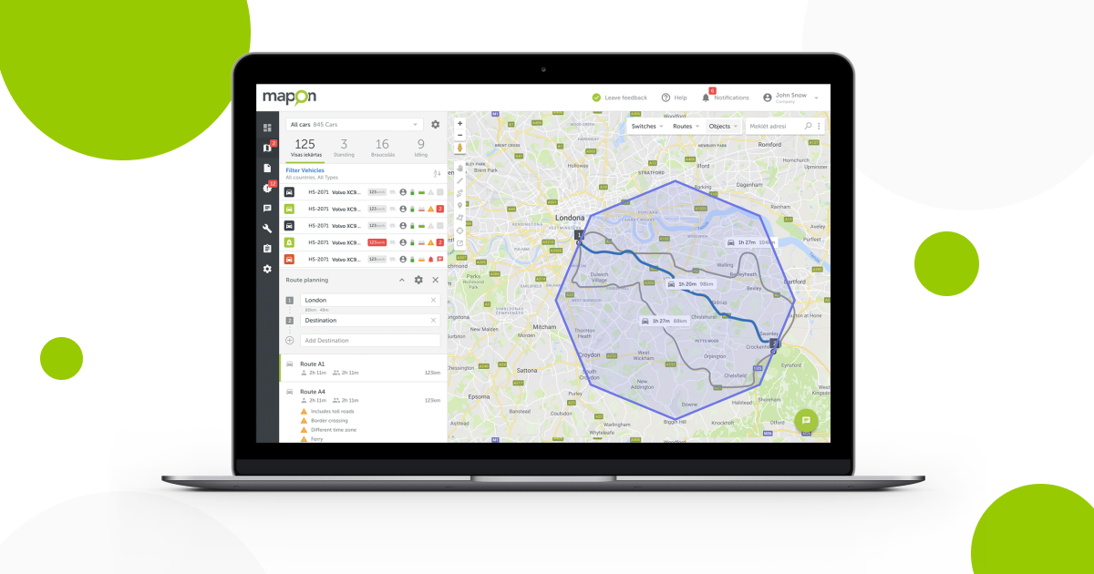 Review your fleet routes within specific region and time interval