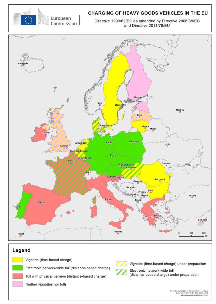 Map of the European Union showing toll systems for heavy goods vehicles by country. Countries are color-coded by toll type: green for electronic network-wide tolls, yellow for vignette (time-based charge), pink for physical toll barriers, striped yellow for vignette under preparation, striped green for electronic toll under preparation, and grey for no tolls. Germany, Austria, and Czechia use electronic tolls; France, Italy, and Spain use physical tolls; while Sweden, Finland, and the Baltics primarily use vignettes.