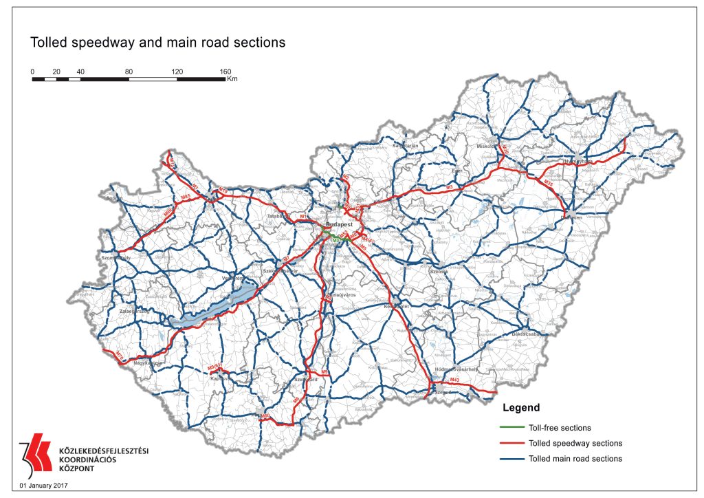Map of Hungary showing tolled road sections as of January 1, 2017. Red lines mark tolled speedways (motorways and expressways), blue lines mark tolled main roads, and green lines show toll-free sections. Budapest is marked centrally, with toll routes radiating outward in all directions, including M1, M3, M5, M6, and M7 highways.
