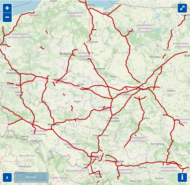 Map of central and southern Poland showing toll roads highlighted in red. Major toll routes connect cities such as Warsaw, Łódź, Poznań, Wrocław, Katowice, Kraków, and Gdańsk. The red lines represent key expressways and motorways with toll charges. Voivodeship names are labeled in purple, and the map includes surrounding regions such as Slovakia and Czechia to the south.