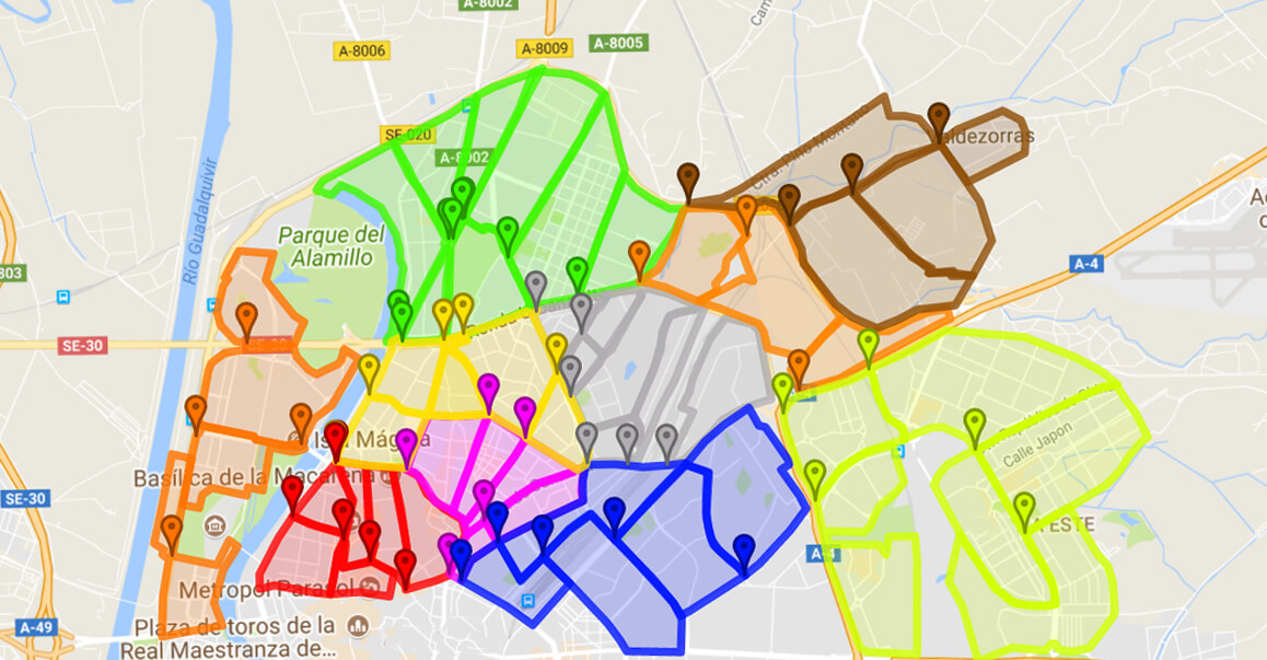 Meerdere Geofences weergegeven op een kaart in het Mapon-platform