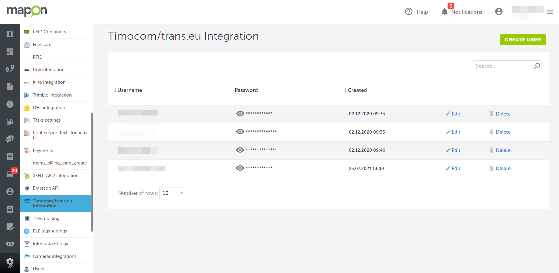 Trans.eu API integratie het Mapon Platform