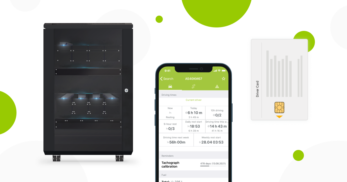 A black tacho hotel, tachograph data on the Mapon app and a tachograph driver card.