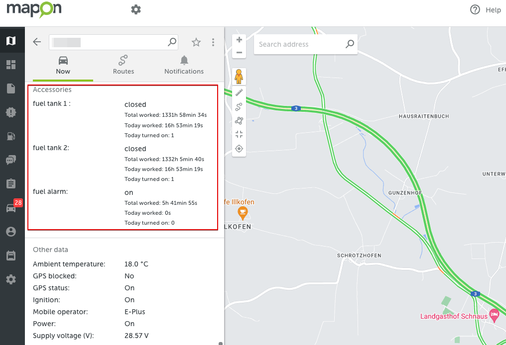 The Map section of the Mapon Pro platform, which also displays a specific vehicles's fuel tank and alarm data.