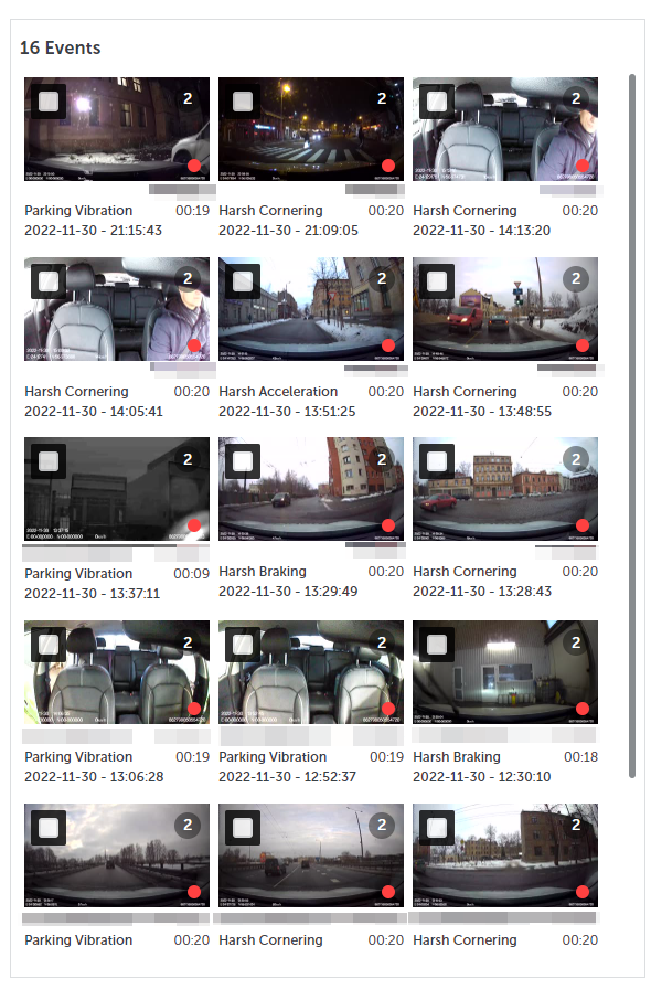 Mapon fleet management platform's camera events section, with event thumbnails, their dates and titles.