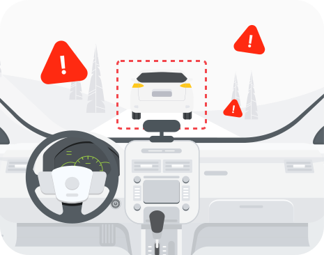 A graphic showing a car interior with a frontal camera installed, which warns about small distance to the vehicle in front. 