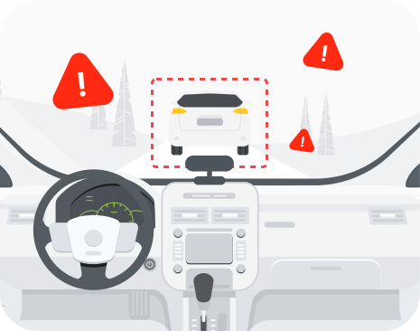 Gráfico que muestra el interior de un coche con una cámara frontal instalada, que advierte de la escasa distancia con el vehículo de delante. 