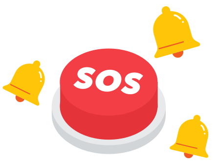 Un gráfico que muestra un botón rojo de SOS y campanas de notificación
