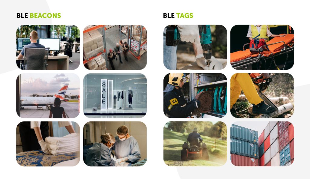 Two sets of images illustrating the use cases of BLE beacons, including warehousing and surgery, and BLE tags, including shipping containers and chainsaws.