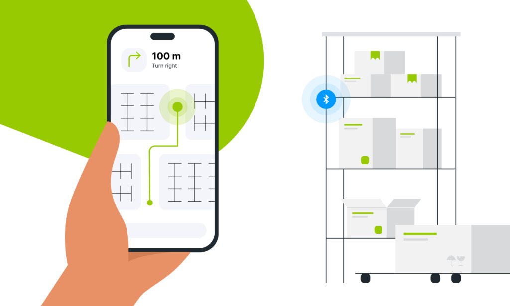 A hand holding a phone, which displays visual instructions on how to navigate a warehouse. Next to it, a BLE tracker mounted on a large shelf.