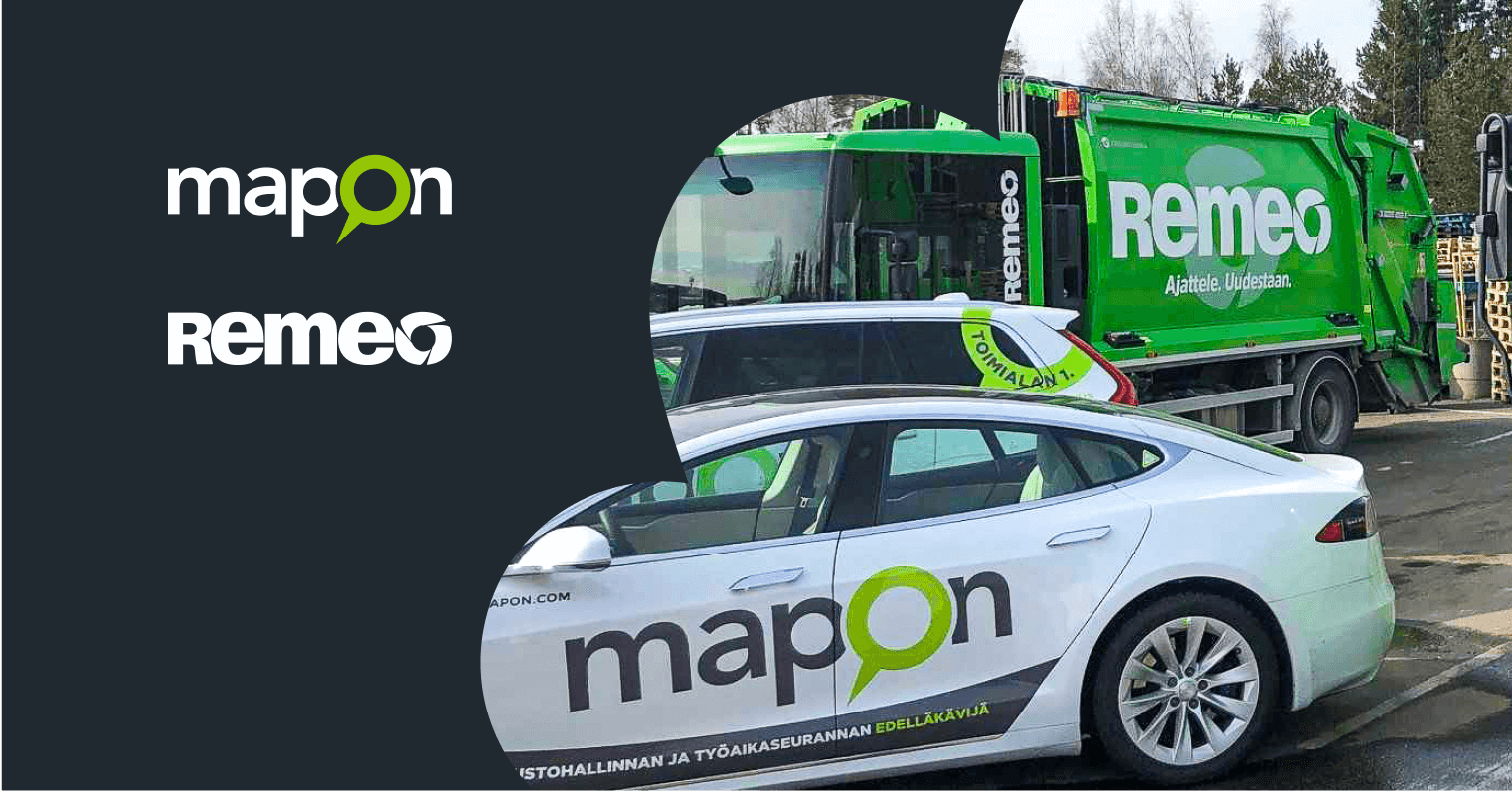 Mapon x Remeo blogi - dataohjautuva toiminnan optimointi ja ajotapaseuranta tuovat säästöjä. Kuvassa Mapon ja Remeo logo ja Remeon ja Maponin ajoneuvot.