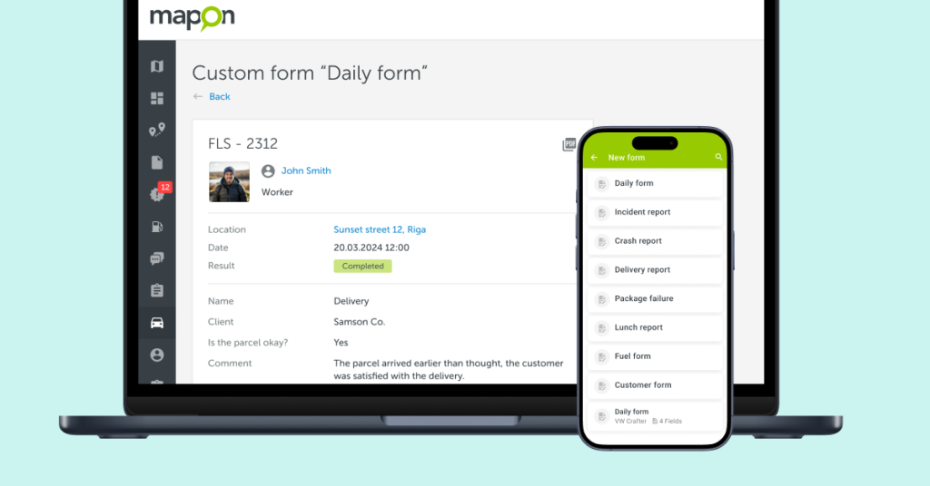 Et skærmbillede af Mapons løsning til digitale formularer vist på webplatformen og en mobil enhed.