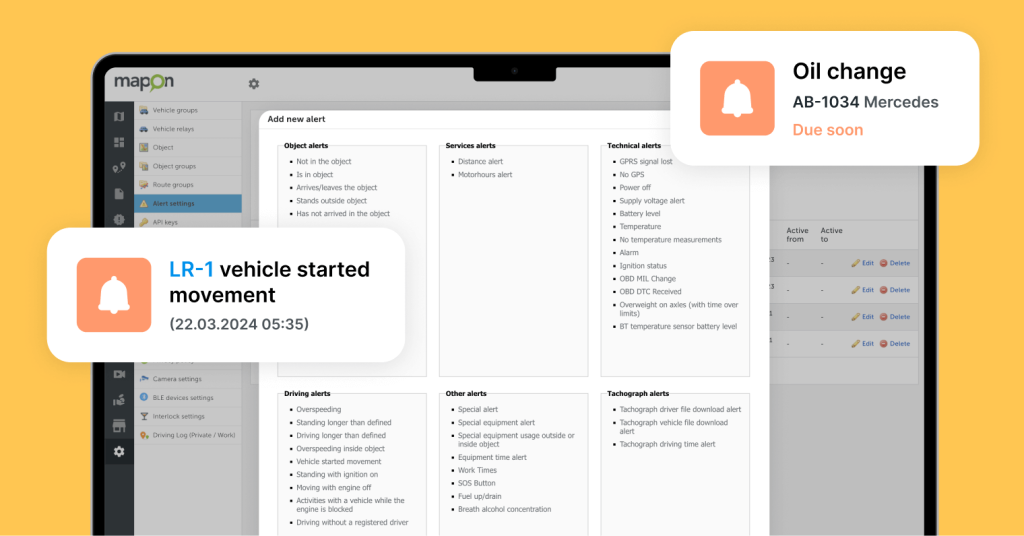 Снимок экрана платформы Mapon с разными типами оповещений, такими как оповещения об объекте, обслуживании, техническом состоянии и вождении.