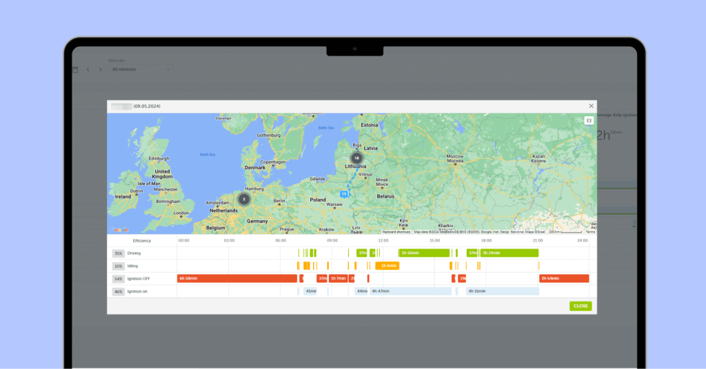 A screenshot of the Mapon platform's fleet efficiency section, showing idling and other data of multiple vehicles.
