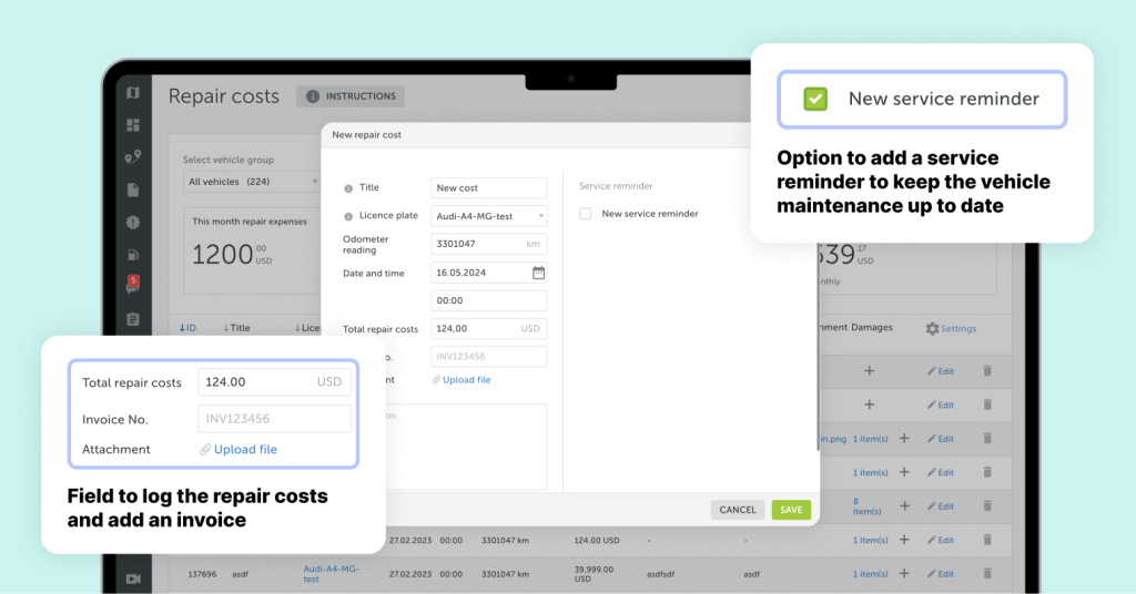 A screenshot of the Mapon fleet management analytics platform displaying the repair cost section with fields to add invoices and service reminders for individual vehicles. 