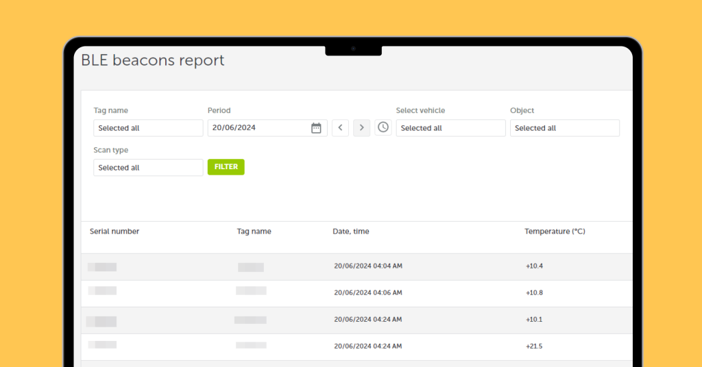 BLE beacons report in the Mapon platform, displaying temperature data for specific periods and devices.