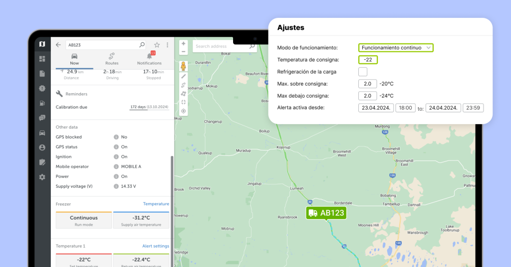 Captura de pantalla de la plataforma Mapon en la que se muestran informes para el control de la temperatura de la cadena de frío en logística y se destaca además la sección de ajuste de temperatura.