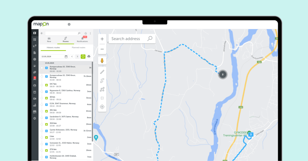 Mapon platform's Map section, with a past route highlighted in blue.