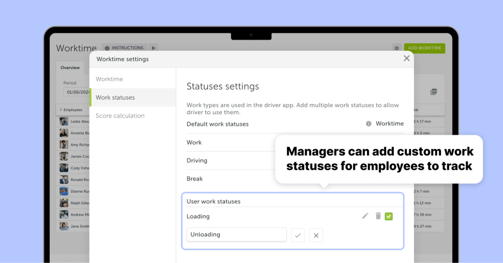 A screenshot of the Mapon platform open in the time tracking solution Worktime, displaying the settings section where managers can create custom work statuses.