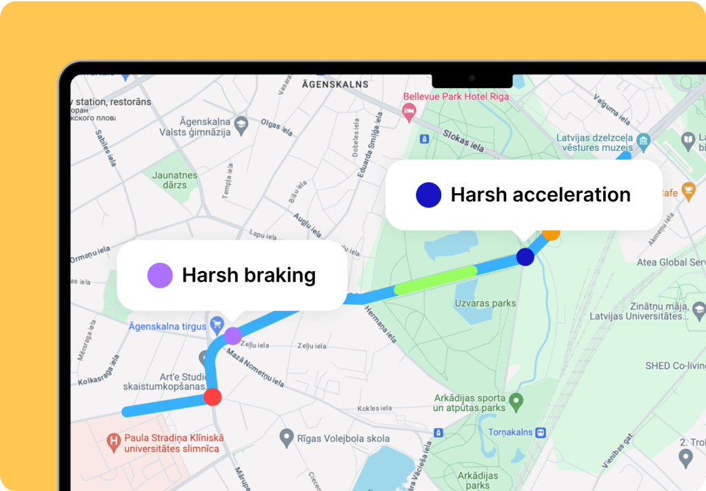 A map on the Mapon platform displaying a vehicle's route and performed negative events - harsh acceleration and harsh braking.