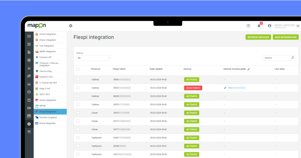 Вид платформы Mapon, демонстрирующий устройства, которые можно активировать или деактивировать для интеграции flespi