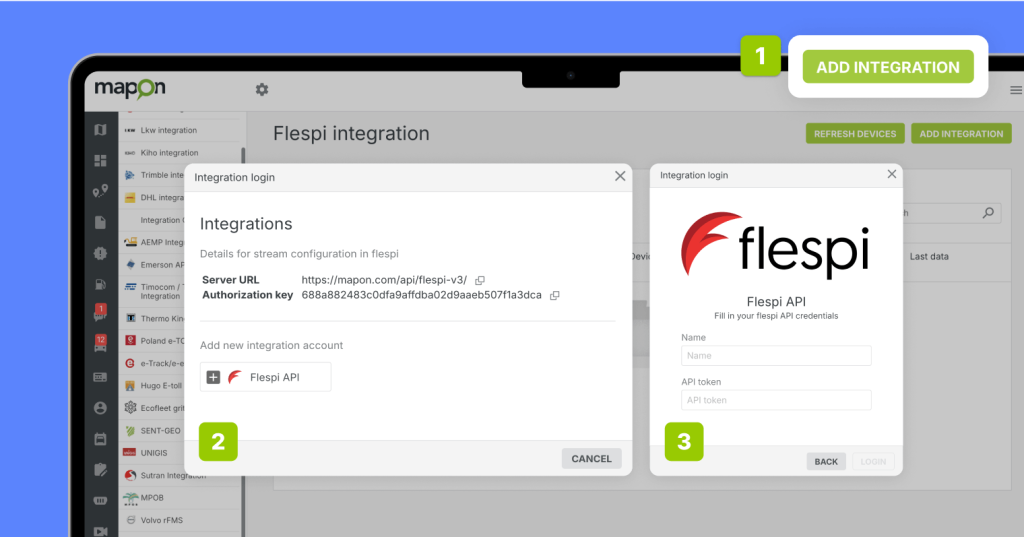 A view of the Mapon platform demonstrating how to connect the flespi integration to the user’s account