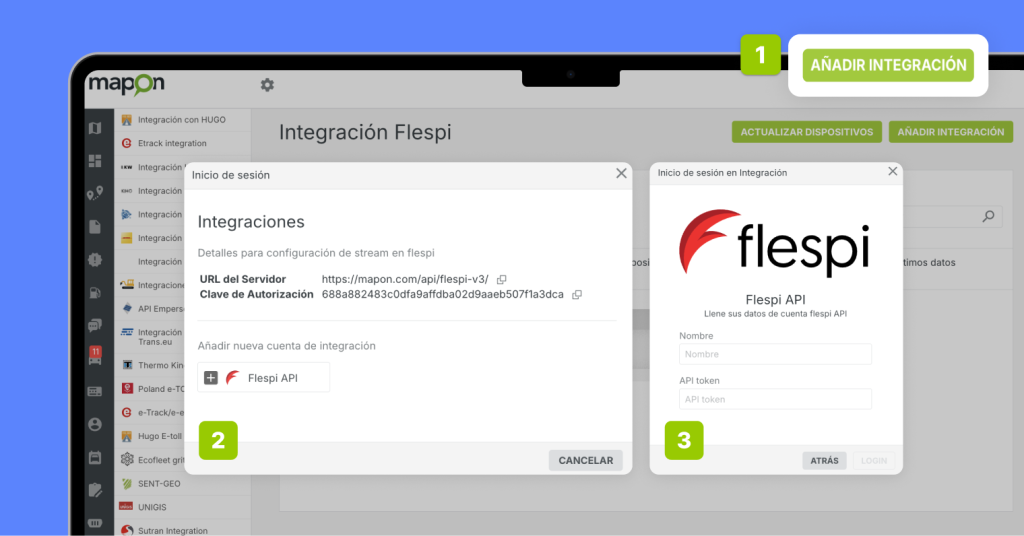 Vista de la plataforma de Mapon que muestra cómo conectar la integración flespi a la cuenta del usuario