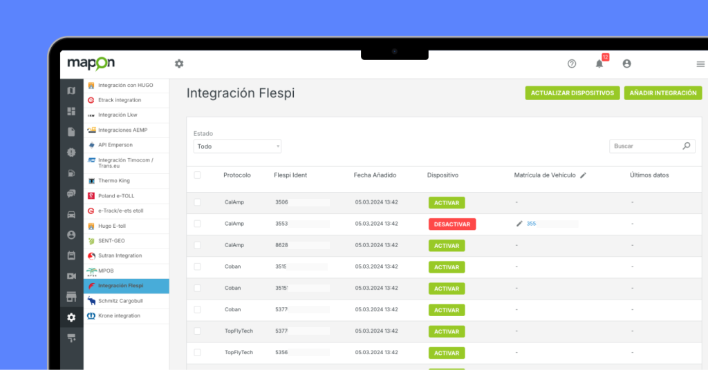 Vista de la plataforma de Mapon en la que se muestran los dispositivos que pueden activarse o desactivarse para la integración flespi