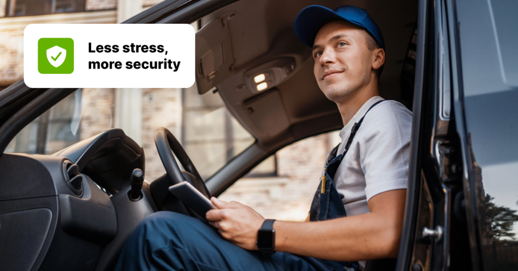 A smiling delivery driver sitting in a vehicle, holding a smartphone, with the message 'Less stress, more security' displayed over the photo.