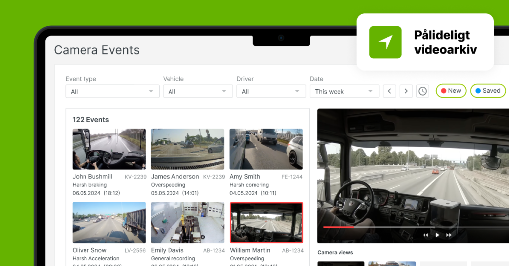 Mapon-dashboardgrænseflade, der viser et videoarkiv for udvalgte køretøjer, chauffører og datoer.