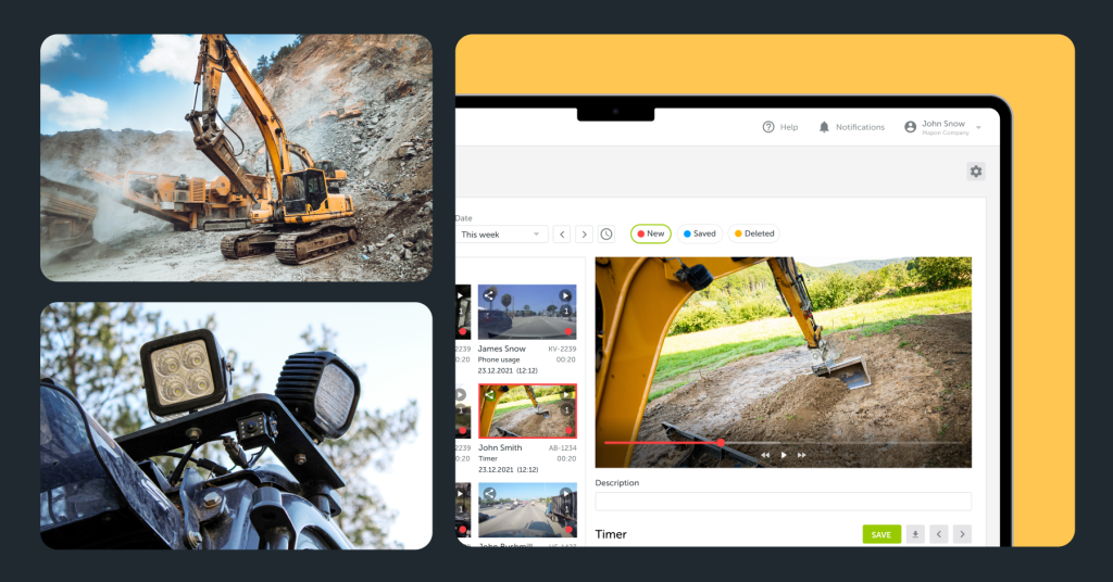 Collage of construction machinery and video monitoring tech: an excavator, mounted LED lights, and a Mapon platform screen showing video record archive.