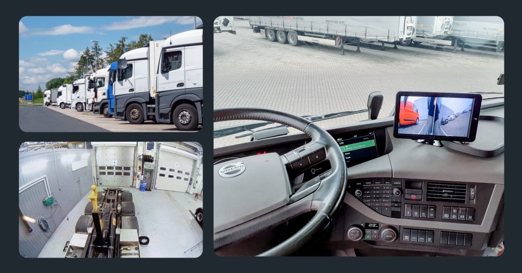 Collage of trucks and cameras: parked trucks, a truck in a garage filmed on a camera, and a truck cab with a screen showing a rearview camera feed.