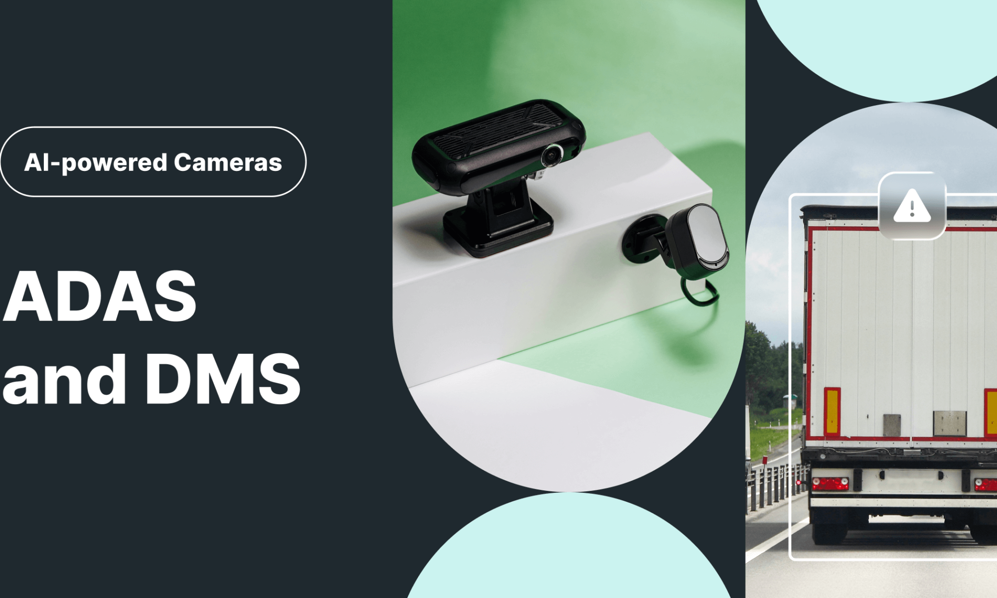 Mapon AI-powered fleet cameras with ADAS and DMS features, showing dash cameras and a truck on the road with collision warning.