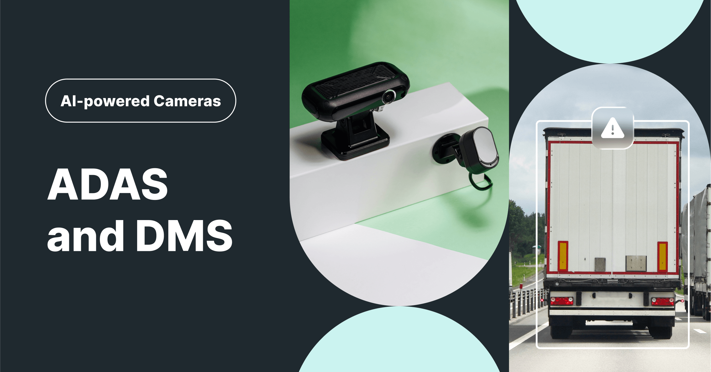Mapon AI-powered fleet cameras with ADAS and DMS features, showing dash cameras and a truck on the road with collision warning.
