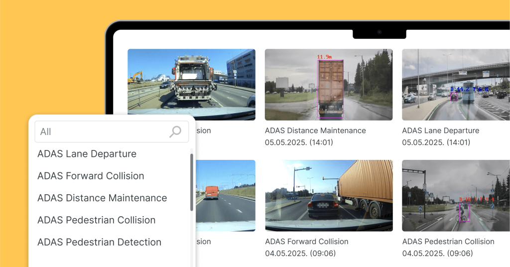 Mapon platform interface showing ADAS fleet camera events such as lane departure, forward collision, distance maintenance, pedestrian collision, and detection with dashcam video previews.