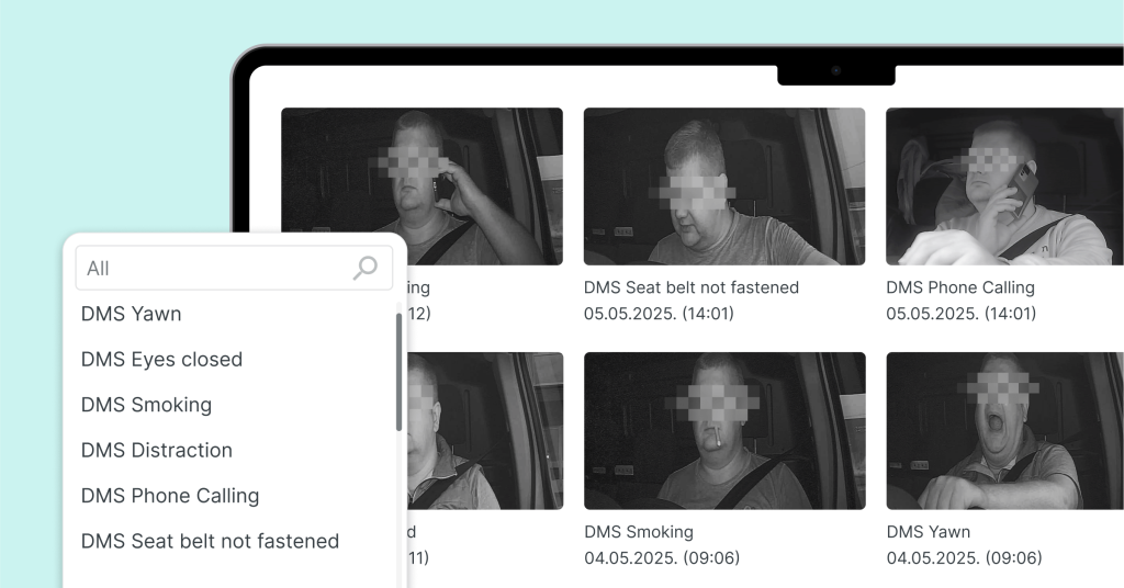 Mapon platform interface showing DMS fleet camera events such as phone calling, seat belt not fastened, smoking, yawning, eyes closed, and driver distraction with in-cabin snapshots.