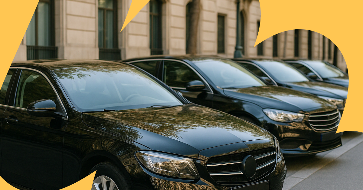 Mustia henkilöautoja rivissä, joissa on Mapon kalustonhallintaratkaisut.