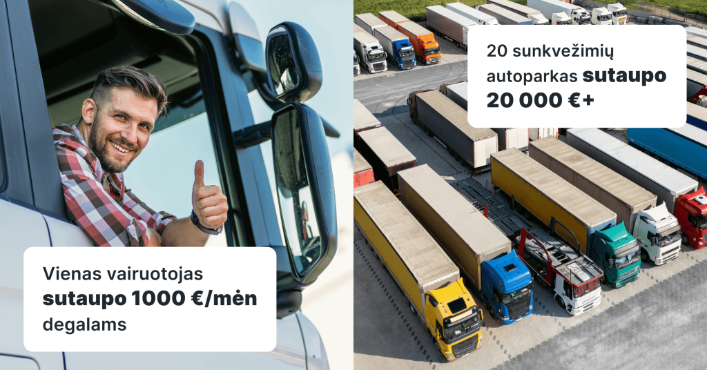 Grafika su tekstu: „Vienas vairuotojas sutaupo 1000 €/mėn degalams. 20 sunkvežimių autoparkas sutaupo 20 000 €+.“ Fonas: žiemišku kraštovaizdžiu važiuojantis sunkvežimis.