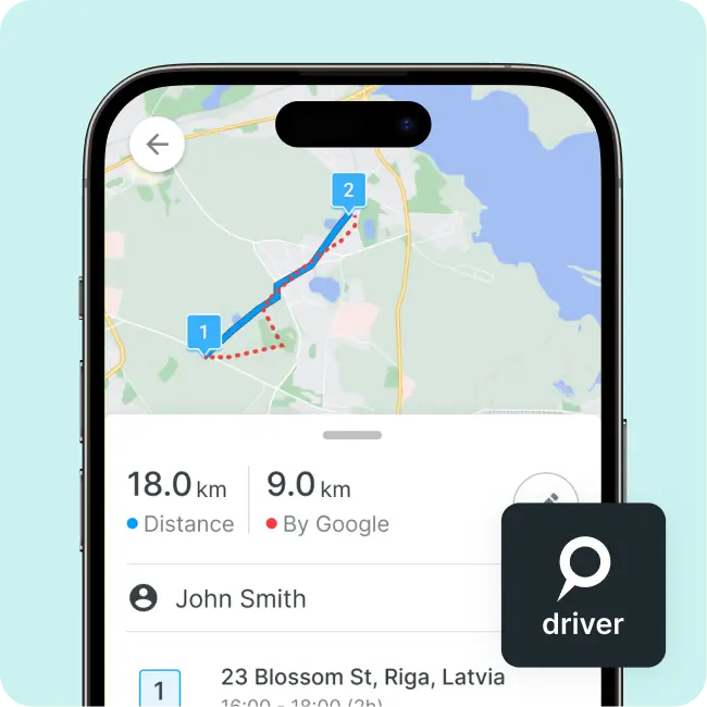 A screenshot of the Mapon Driver fleet driver app showing the total distance driven.