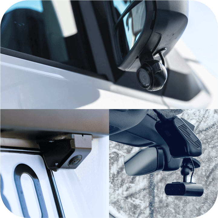 A collage of vehicle camera photos showcasing a comprehensive fleet camera system that ensures 360° visibility.
