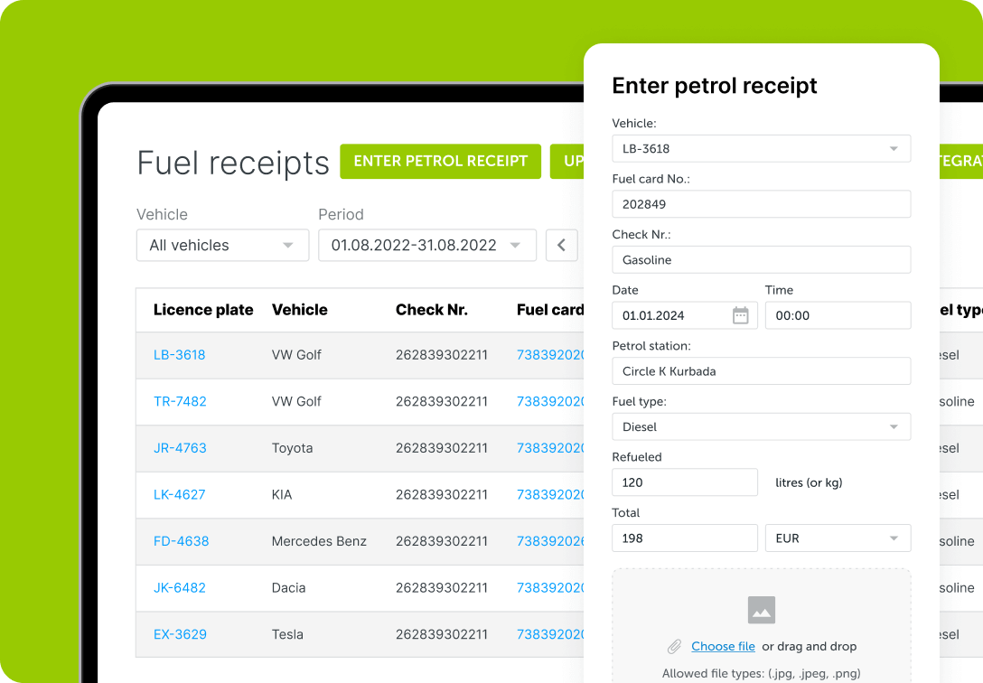 Een screenshot van het brandstofbeheer gedeelte van het Mapon-platform met rapporten over brandstofbonnen.