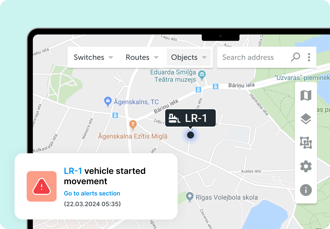 Mapon platformas kartes sadaļa, kurā redzama buldozera atrašanās vieta un brīdinājums par tā kustības uzsākšanu.