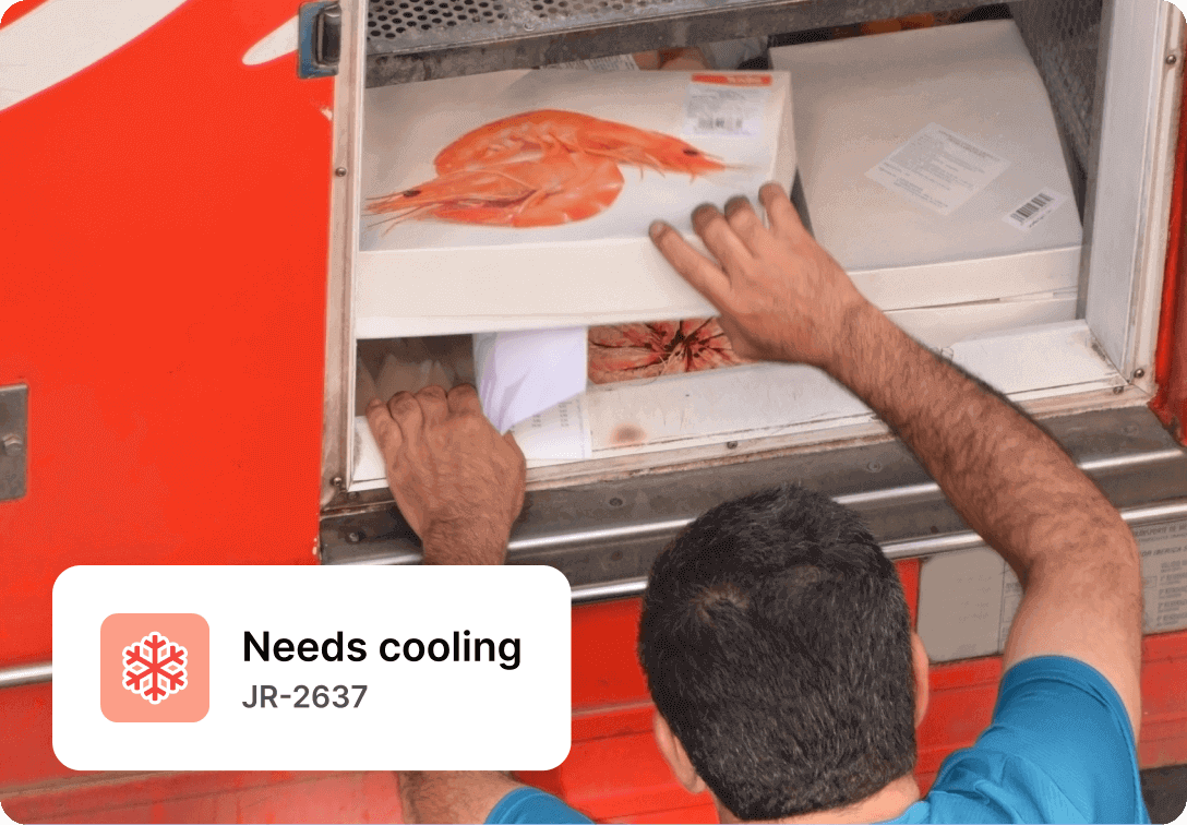 A photo of a person working in cold chain logistics and checking a cargo of frozen food inside the truck.