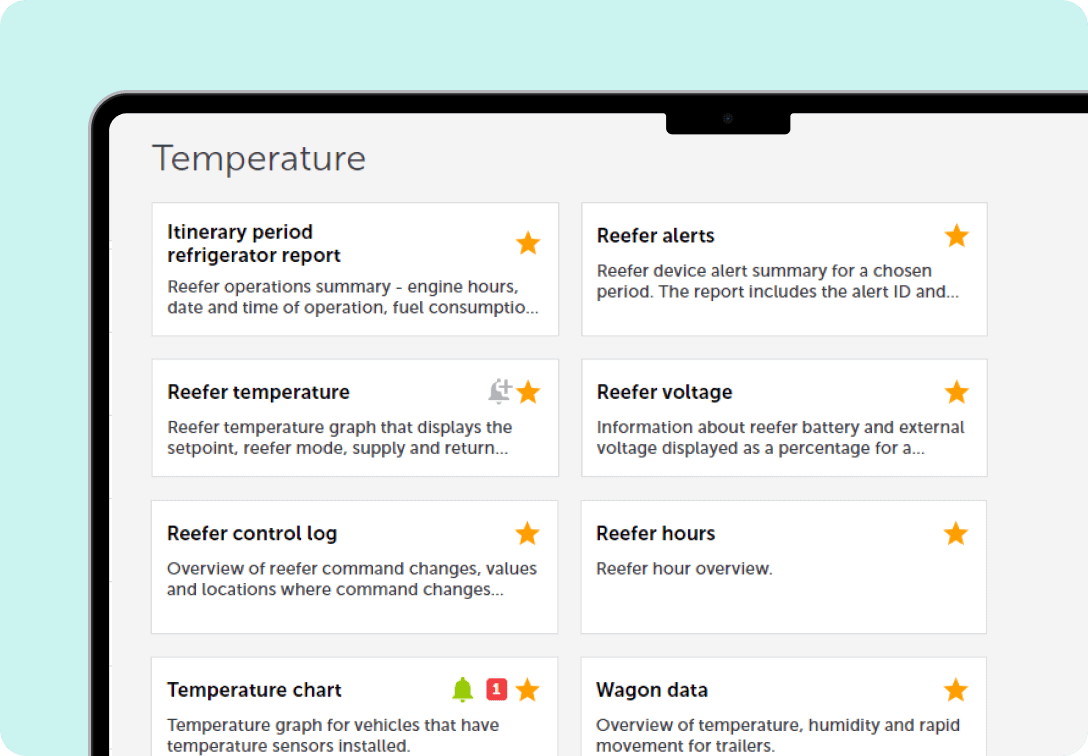 A screenshot from the Mapon platform demonstrating the platform's dashboard with a range of temperature reports for cold chain monitoring.