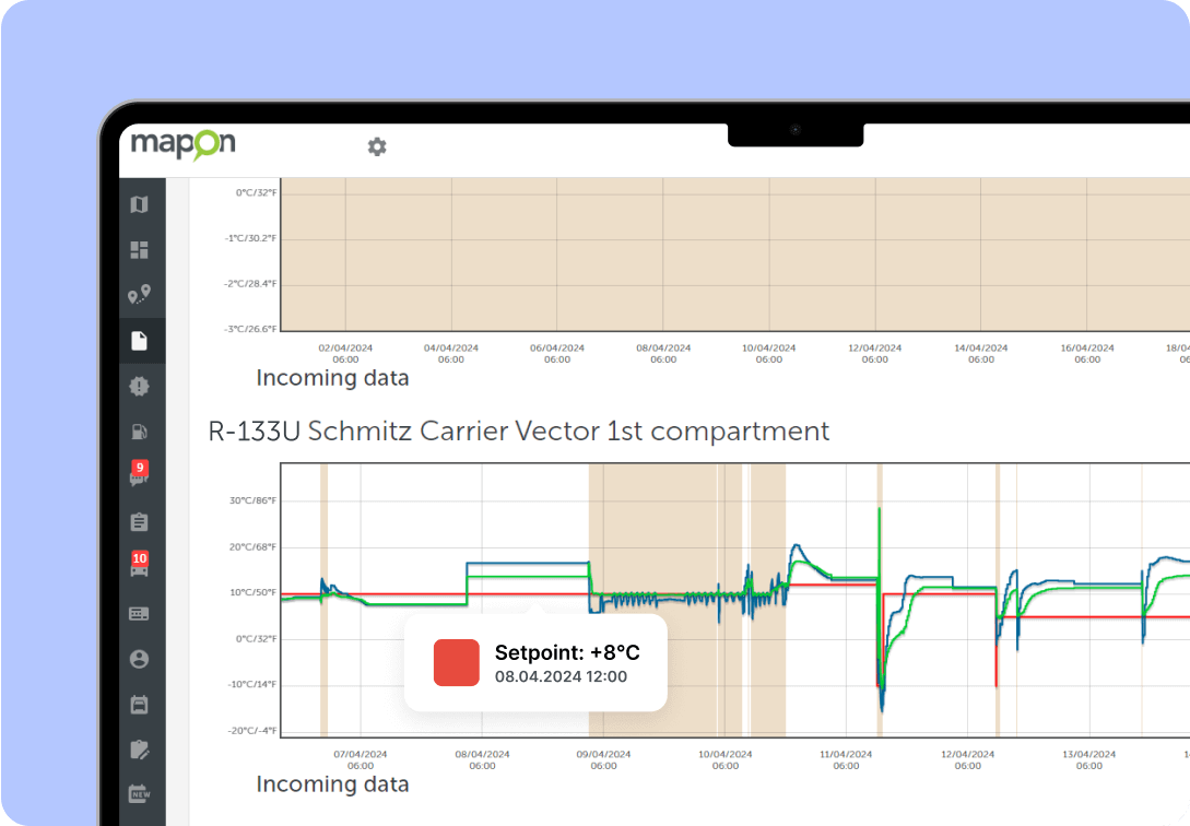 Скриншот платформы Mapon, демонстрирующий заданную температуру при мониторинге холодовой цепи.