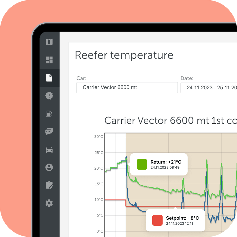 Скриншот системы мониторинга холодовой цепи Mapon, демонстрирующий графики температуры, используемые для удаленного отслеживания рефрижераторов.