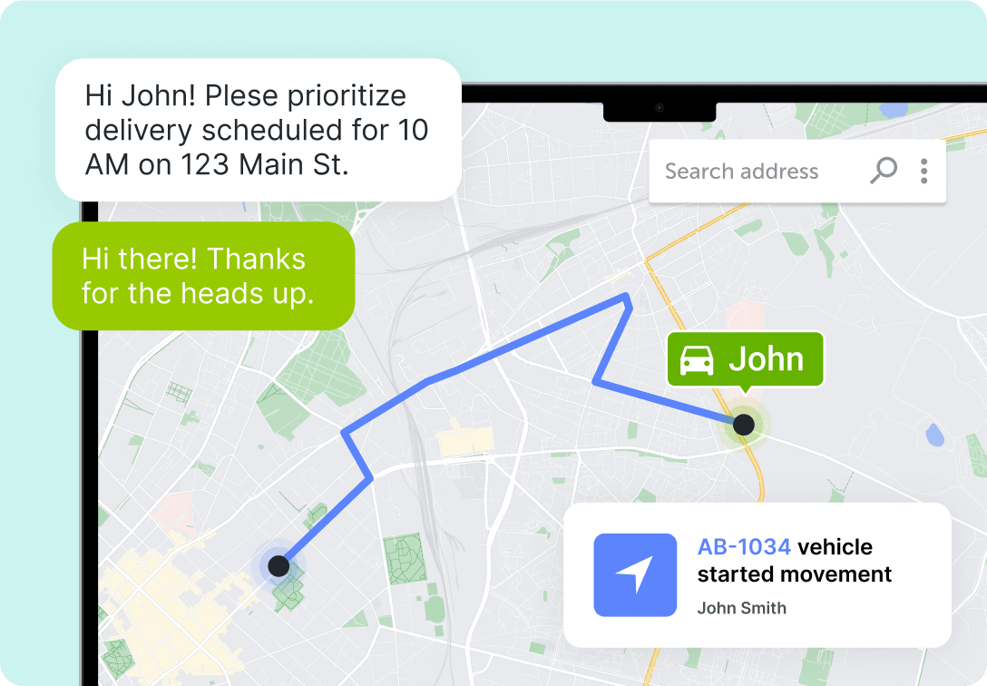 Mapon platform's Map section with a highlighted delivery driver's route.