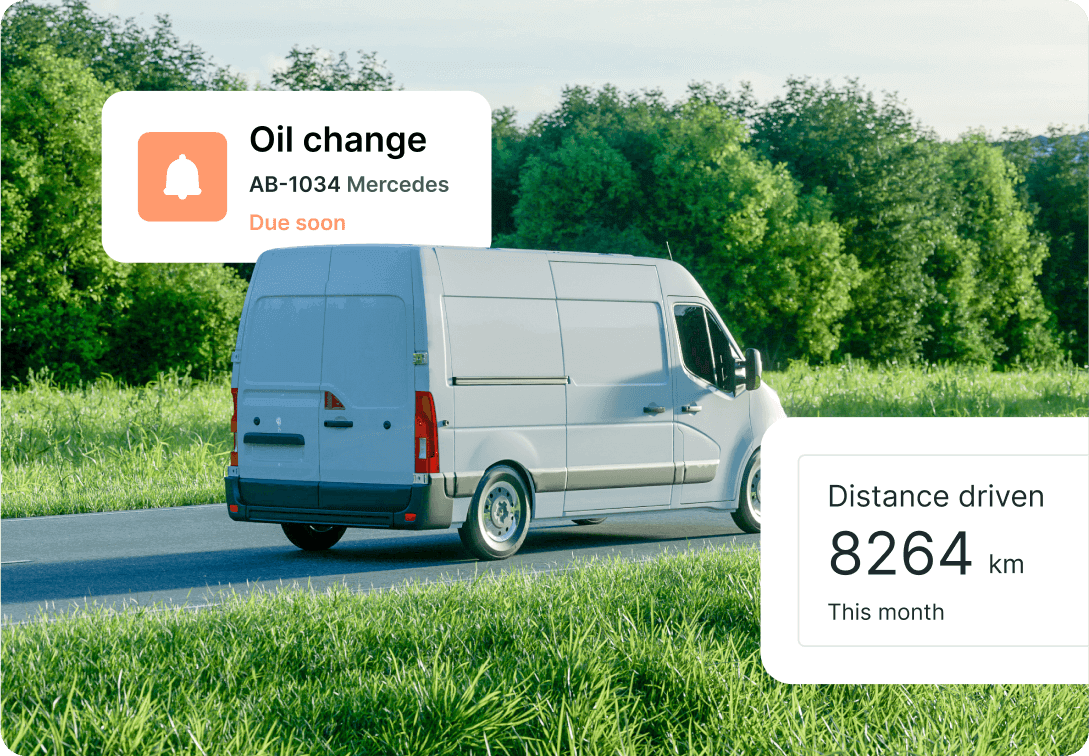 A white cargo van passing through green terrain with mileage and oil change alerts floating around it.