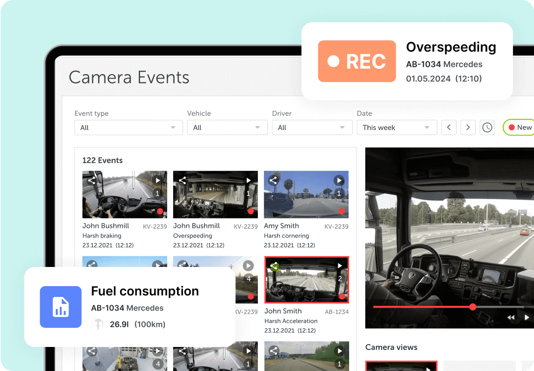 The camera events section of the Mapon platform, with thumbnails of different clips available for viewing.
