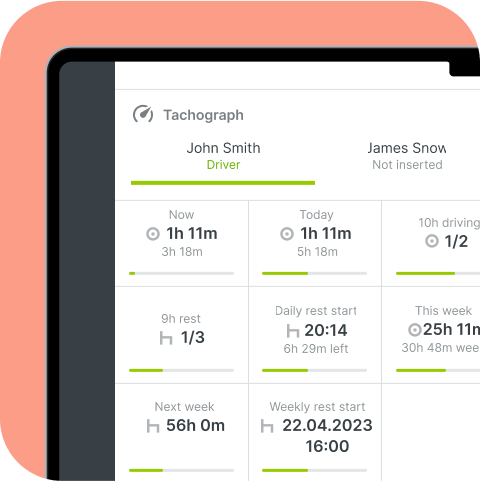 A screenshot of the Mapon platform's tachograph section, with data about a specific driver.